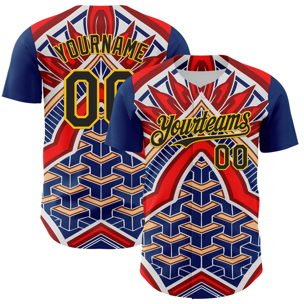 Maxcorners Custom Blue Black Red-Yellow 3D Pattern Design Burner Costumes Tribal Premium Baseball Jersey LM0210