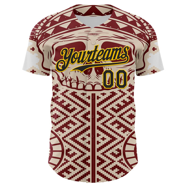 Maxcorners Custom Cream Black Red-Yellow 3D Pattern Design Burner Costumes Tribal Skull Premium Baseball Jersey LM0210