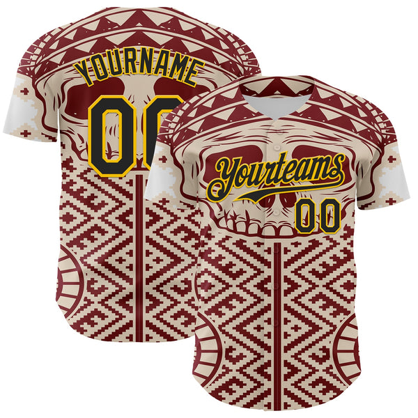 Maxcorners Custom Cream Black Red-Yellow 3D Pattern Design Burner Costumes Tribal Skull Premium Baseball Jersey LM0210