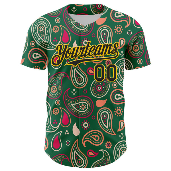 Maxcorners Custom Kelly Green Black-Yellow 3D Pattern Design Burner Costumes Paisley Bandana Premium Baseball Jersey LM0210