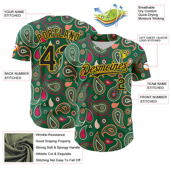 Maxcorners Custom Kelly Green Black-Yellow 3D Pattern Design Burner Costumes Paisley Bandana Premium Baseball Jersey LM0210