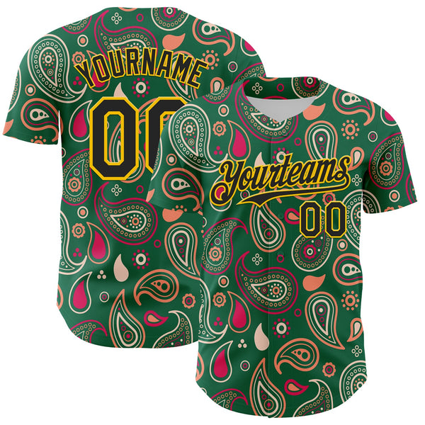 Maxcorners Custom Kelly Green Black-Yellow 3D Pattern Design Burner Costumes Paisley Bandana Premium Baseball Jersey LM0210