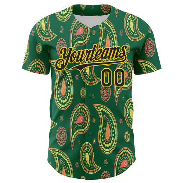 Maxcorners Custom Kelly Green Black-Yellow 3D Pattern Design Burner Costumes Paisley Bandana Baseball Jersey LM0210