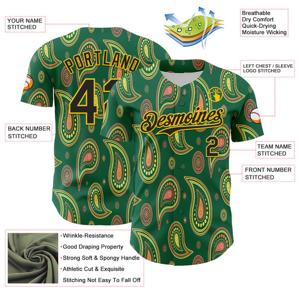 Maxcorners Custom Kelly Green Black-Yellow 3D Pattern Design Burner Costumes Paisley Bandana Baseball Jersey LM0210