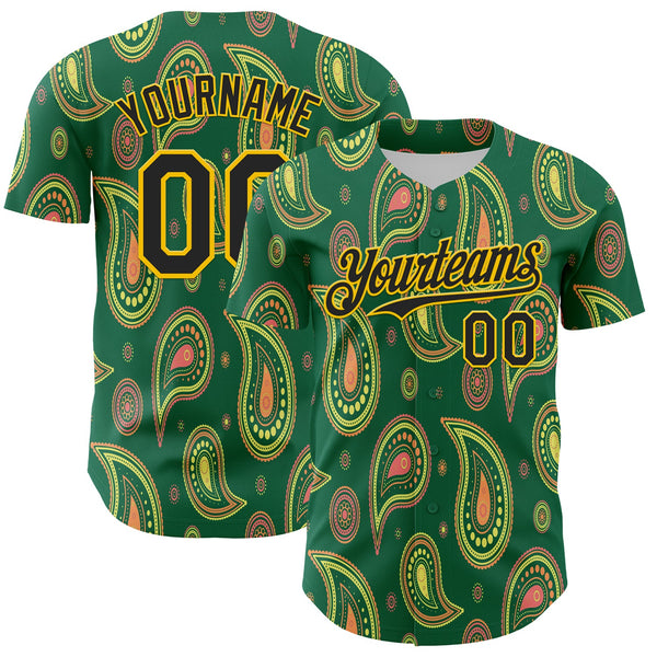 Maxcorners Custom Kelly Green Black-Yellow 3D Pattern Design Burner Costumes Paisley Bandana Baseball Jersey LM0210