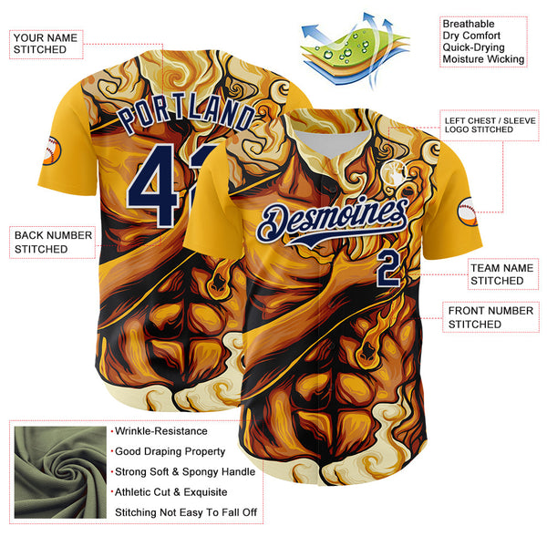 Maxcorners Custom Gold Navy-White 3D Pattern Design Burner Costumes Flame Premium Baseball Jersey LM0210