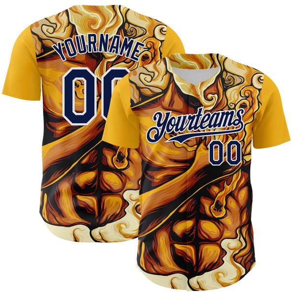 Maxcorners Custom Gold Navy-White 3D Pattern Design Burner Costumes Flame Premium Baseball Jersey LM0210
