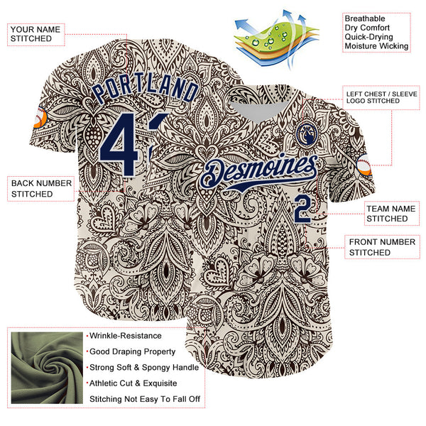 Maxcorners Custom Cream Navy-White 3D Pattern Design Burner Costumes Paisley Bandana Premium Baseball Jersey LM0210