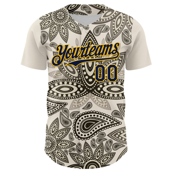 Maxcorners Custom Cream Navy-Yellow 3D Pattern Design Burner Costumes Paisley Bandana Premium Baseball Jersey LM0210