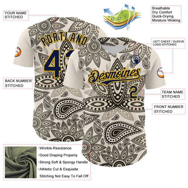 Maxcorners Custom Cream Navy-Yellow 3D Pattern Design Burner Costumes Paisley Bandana Premium Baseball Jersey LM0210