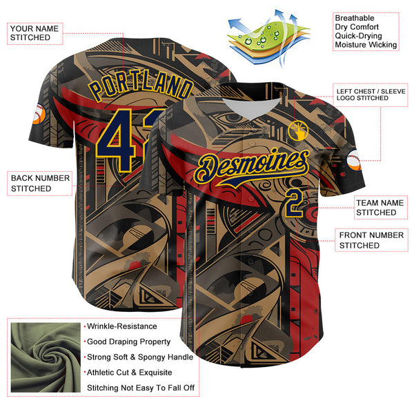 Maxcorners Custom Black Navy-Yellow 3D Pattern Design Burner Costumes Abstract Shape Premium Baseball Jersey LM0210