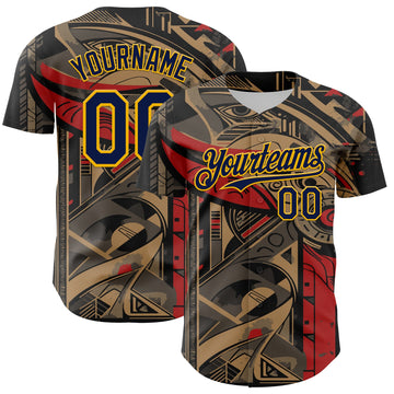 Maxcorners Custom Black Navy-Yellow 3D Pattern Design Burner Costumes Abstract Shape Premium Baseball Jersey LM0210