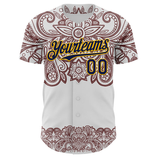 Maxcorners Custom White Navy Red-Yellow 3D Pattern Design Burner Costumes Paisley Bandana Premium Baseball Jersey LM0210