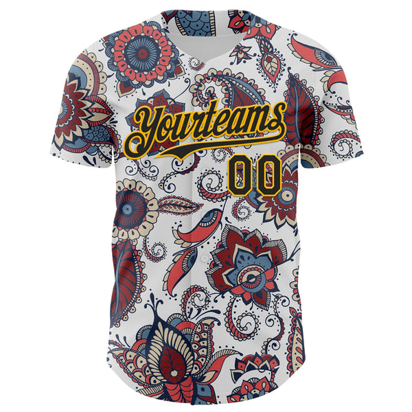 Maxcorners Custom White Black-Yellow 3D Pattern Design Burner Costumes Paisley Bandana Baseball Jersey LM0210