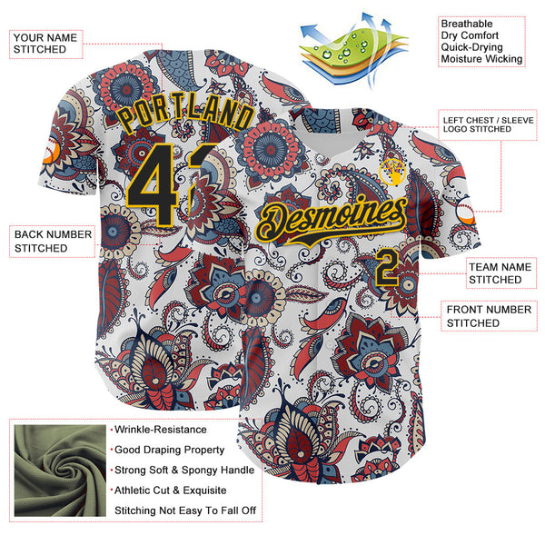 Maxcorners Custom White Black-Yellow 3D Pattern Design Burner Costumes Paisley Bandana Baseball Jersey LM0210