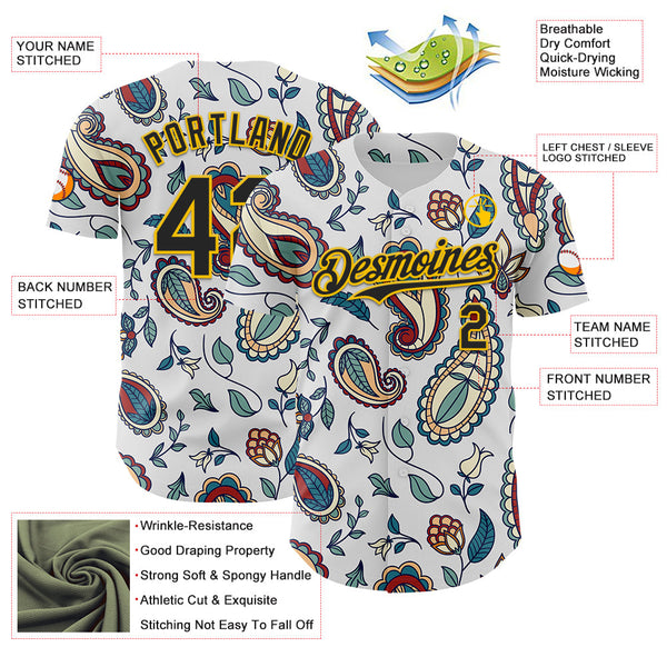 Maxcorners Custom White Black-Yellow 3D Pattern Design Burner Costumes Paisley Bandana Premium Baseball Jersey LM0210