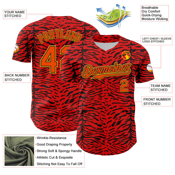 Maxcorners Custom Red Orange Black-Yellow 3D Pattern Design Burner Costumes Animal Tiger Print Premium Baseball Jersey LM0210