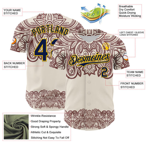 Maxcorners Custom Cream Navy Red-Yellow 3D Pattern Design Burner Costumes Paisley Bandana Premium Baseball Jersey LM0210