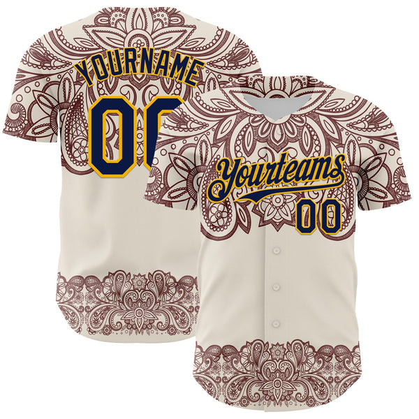 Maxcorners Custom Cream Navy Red-Yellow 3D Pattern Design Burner Costumes Paisley Bandana Premium Baseball Jersey LM0210