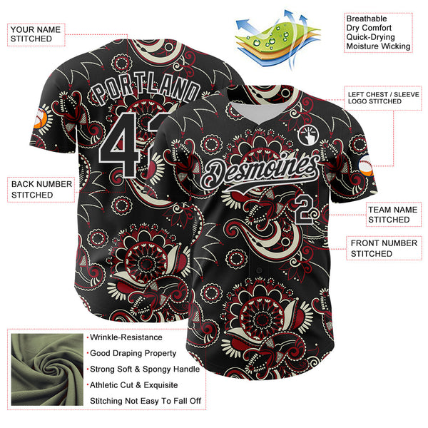 Maxcorners Custom Black White 3D Pattern Design Burner Costumes Paisley Bandana Premium Baseball Jersey LM0210
