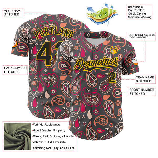 Maxcorners Custom Steel Gray Black-Yellow 3D Pattern Design Burner Costumes Paisley Bandana Premium Baseball Jersey LM0210