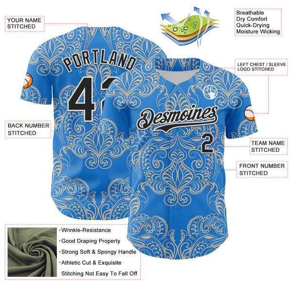Maxcorners Custom Electric Blue Black-White 3D Pattern Design Burner Costumes Paisley Bandana Premium Baseball Jersey LM0210