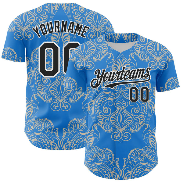 Maxcorners Custom Electric Blue Black-White 3D Pattern Design Burner Costumes Paisley Bandana Premium Baseball Jersey LM0210