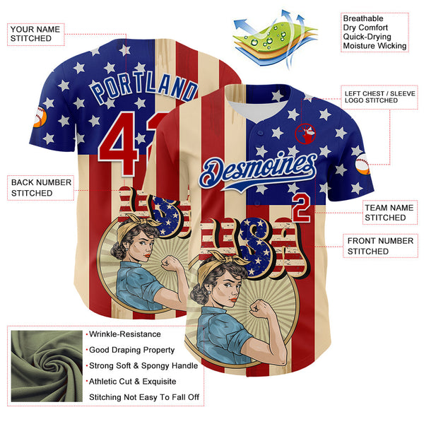 Maxcorners Custom White Red-Blue 3D American Flag Premium Baseball Jersey LM0210