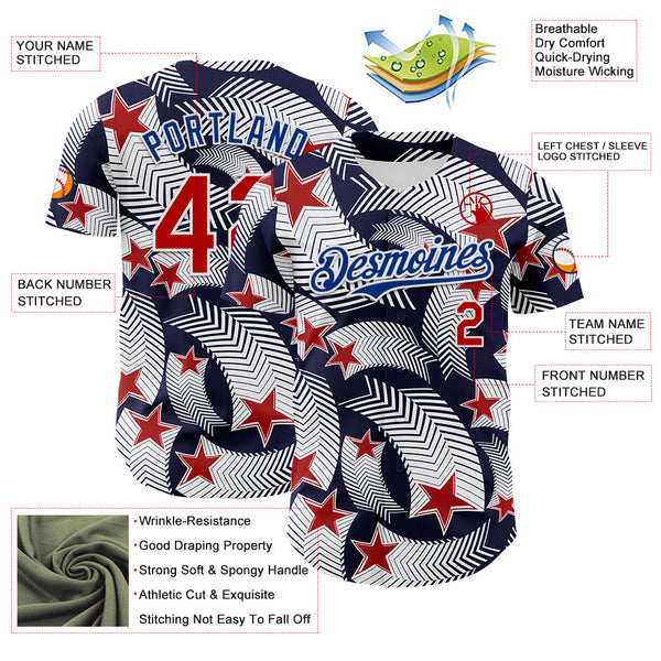 Maxcorners Custom Royal Red-White 3D Retro American Flag Premium Baseball Jersey LM0210