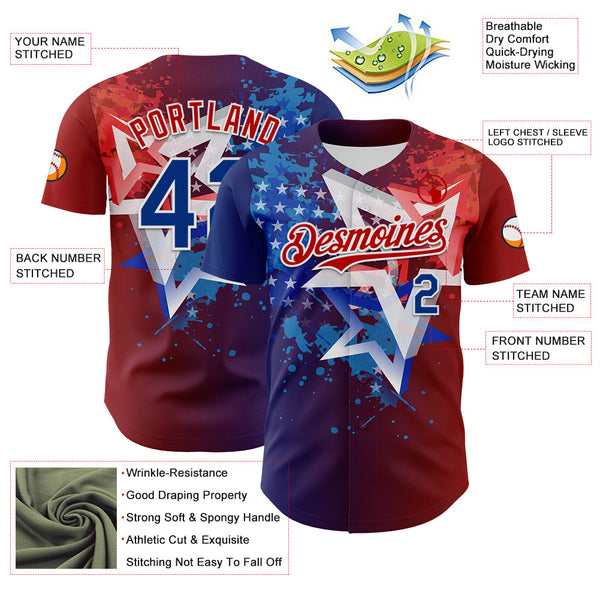 Maxcorners Custom White USA Flag Red Royal-Black 3D Gradient Retro Stripe American Flag Premium Baseball Jersey LM0210