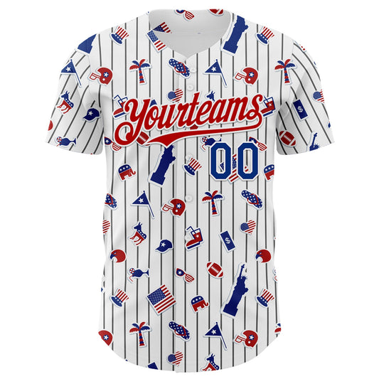 Maxcorners Custom White Black Pinstripe Royal-Red 3D American Flag Statue Of Liberty Premium Baseball Jersey LM0210