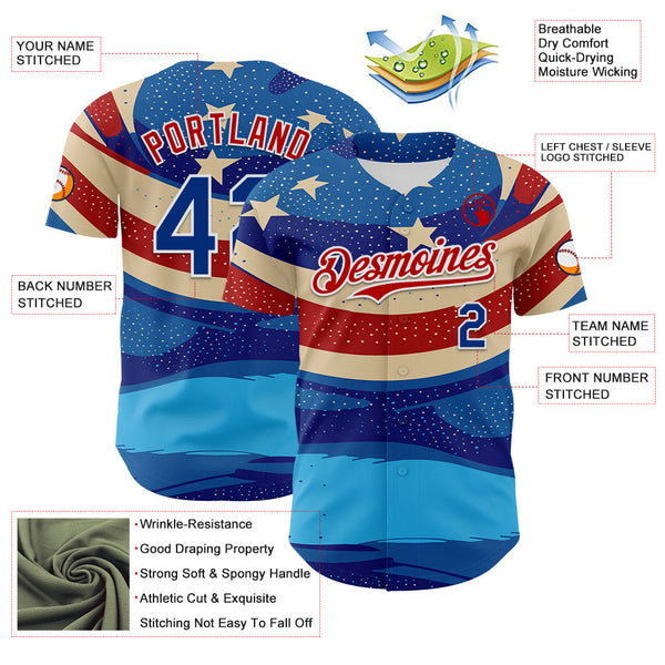 Maxcorners Custom White Royal-Fire Red 3D Retro American Flag Salute Premium Baseball Jersey LM0210