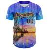 Maxcorners Custom Blue Dark Purple-Gold 3D Pattern Design Manhattan Bridge New York Sunset Premium Baseball Jersey LM0210