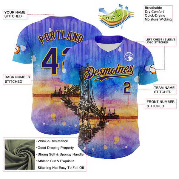Maxcorners Custom Blue Dark Purple-Gold 3D Pattern Design Manhattan Bridge New York Sunset Premium Baseball Jersey LM0210