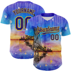 Maxcorners Custom Blue Dark Purple-Gold 3D Pattern Design Manhattan Bridge New York Sunset Premium Baseball Jersey LM0210