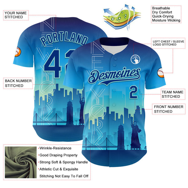 Maxcorners Custom Blue Royal-Ice Blue 3D Pattern Design New York Cityscape Statue Of Liberty Premium Baseball Jersey LM0210