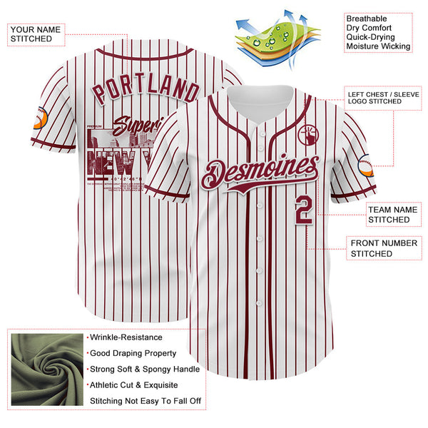 Maxcorners Custom White Crimson Pinstripe Crimson 3D Pattern Design New York Cityscape Premium Baseball Jersey LM0210