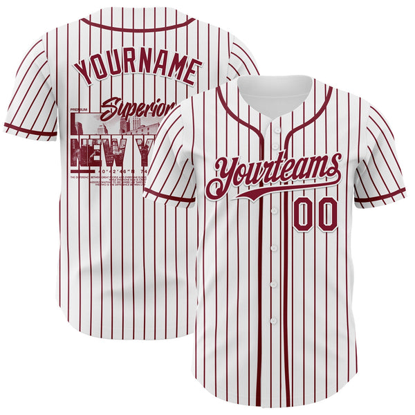 Maxcorners Custom White Crimson Pinstripe Crimson 3D Pattern Design New York Cityscape Premium Baseball Jersey LM0210