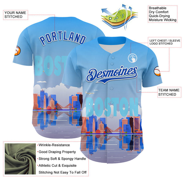 Maxcorners Custom Blue Thunder Blue-White 3D Pattern Design Boston Cityscape Skyline Premium Baseball Jersey LM0210