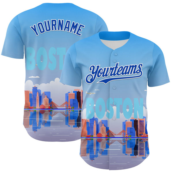 Maxcorners Custom Blue Thunder Blue-White 3D Pattern Design Boston Cityscape Skyline Premium Baseball Jersey LM0210