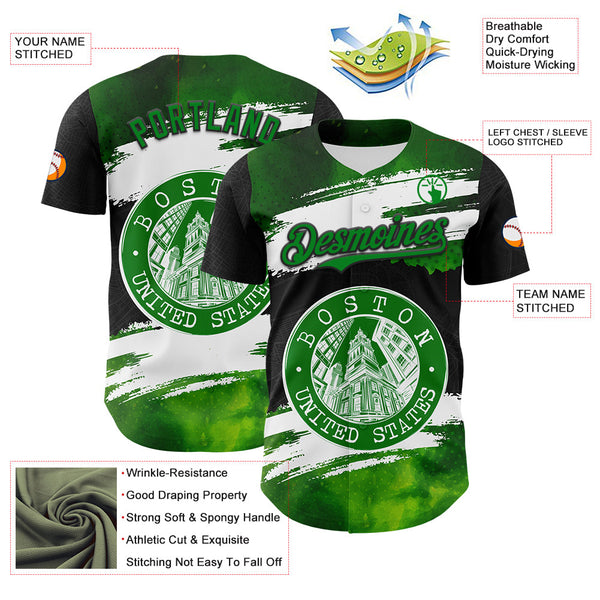 Maxcorners Custom Black Grass Green-White 3D Pattern Design Boston Cityscape Stamp Premium Baseball Jersey LM0210