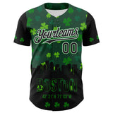 Maxcorners Custom Black White-Grass Green 3D Pattern Design Boston Cityscape Shamrock Premium St. Patrick's Day Baseball Jersey LM0210