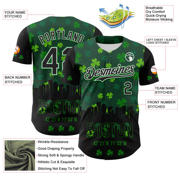 Maxcorners Custom Black White-Grass Green 3D Pattern Design Boston Cityscape Shamrock Premium St. Patrick's Day Baseball Jersey LM0210
