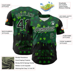 Maxcorners Custom Black White-Grass Green 3D Pattern Design Boston Cityscape Shamrock Premium St. Patrick's Day Baseball Jersey LM0210
