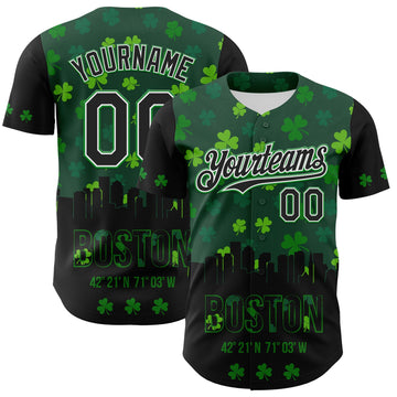 Maxcorners Custom Black White-Grass Green 3D Pattern Design Boston Cityscape Shamrock Premium St. Patrick's Day Baseball Jersey LM0210