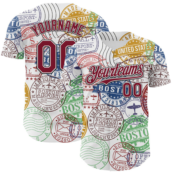 Maxcorners Custom White Crimson-Black 3D Pattern Design Boston Cityscape Stamp Premium Baseball Jersey LM0210