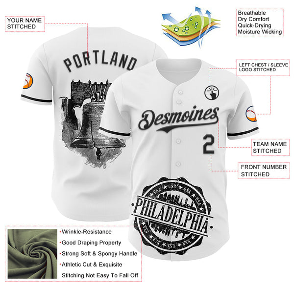 Maxcorners Custom White Black 3D Pattern Design Philadelphia Cityscape Liberty Bell Premium Baseball Jersey LM0210