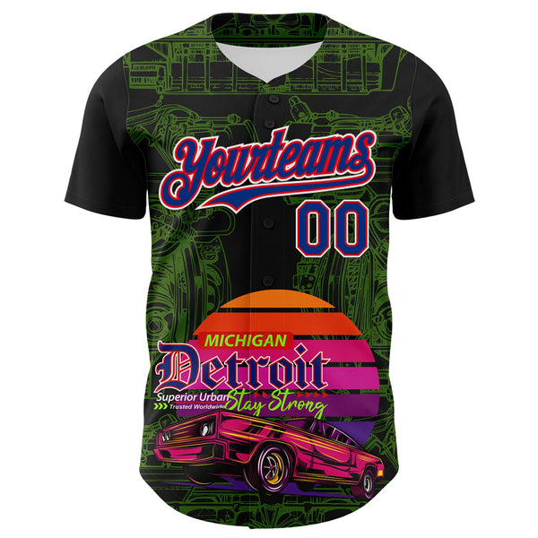 Maxcorners Custom Black Royal Green Fire Red-White 3D Pattern Design Detroit Cityscape Muscle Car Engine Premium Baseball Jersey LM0210