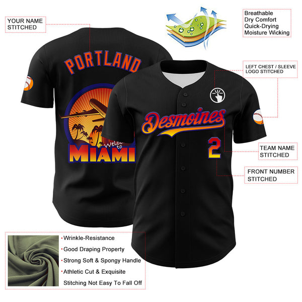 Maxcorners Custom Black Orange-Dark Purple 3D Pattern Design Gradient Miami Cityscape Sunset Premium Baseball Jersey LM0210