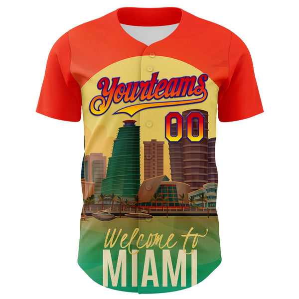 Maxcorners Custom Orange Green Yellow-Dark Purple 3D Pattern Design Gradient Miami Cityscape Sunset Premium Baseball Jersey LM0210
